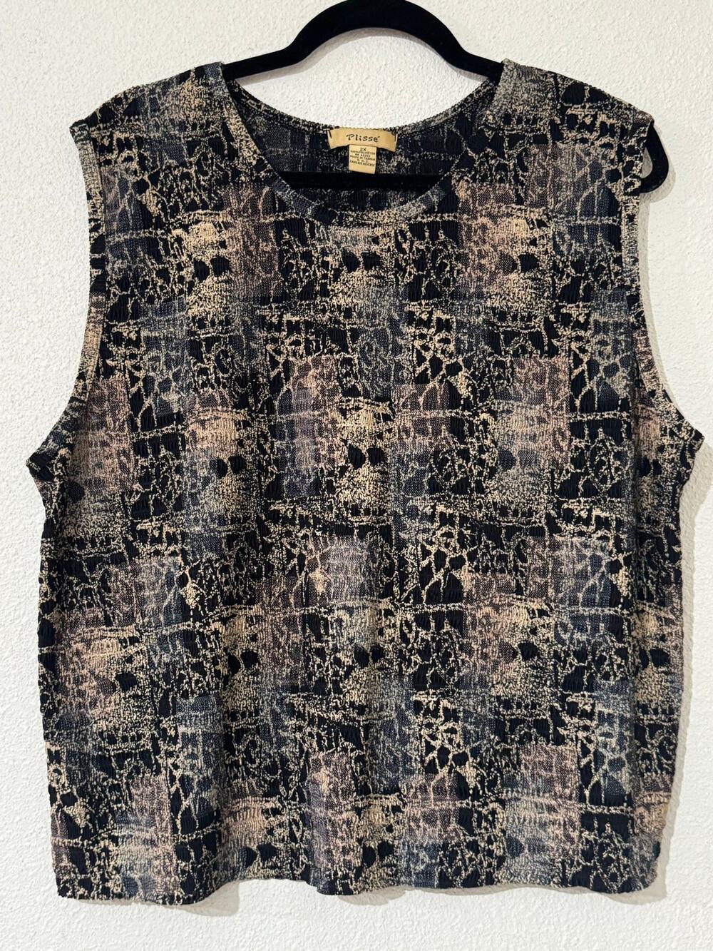 Plissé Plus Size 2X Blue Black Abstract Pattern Stretch Crinkle Tank 90s Vintage